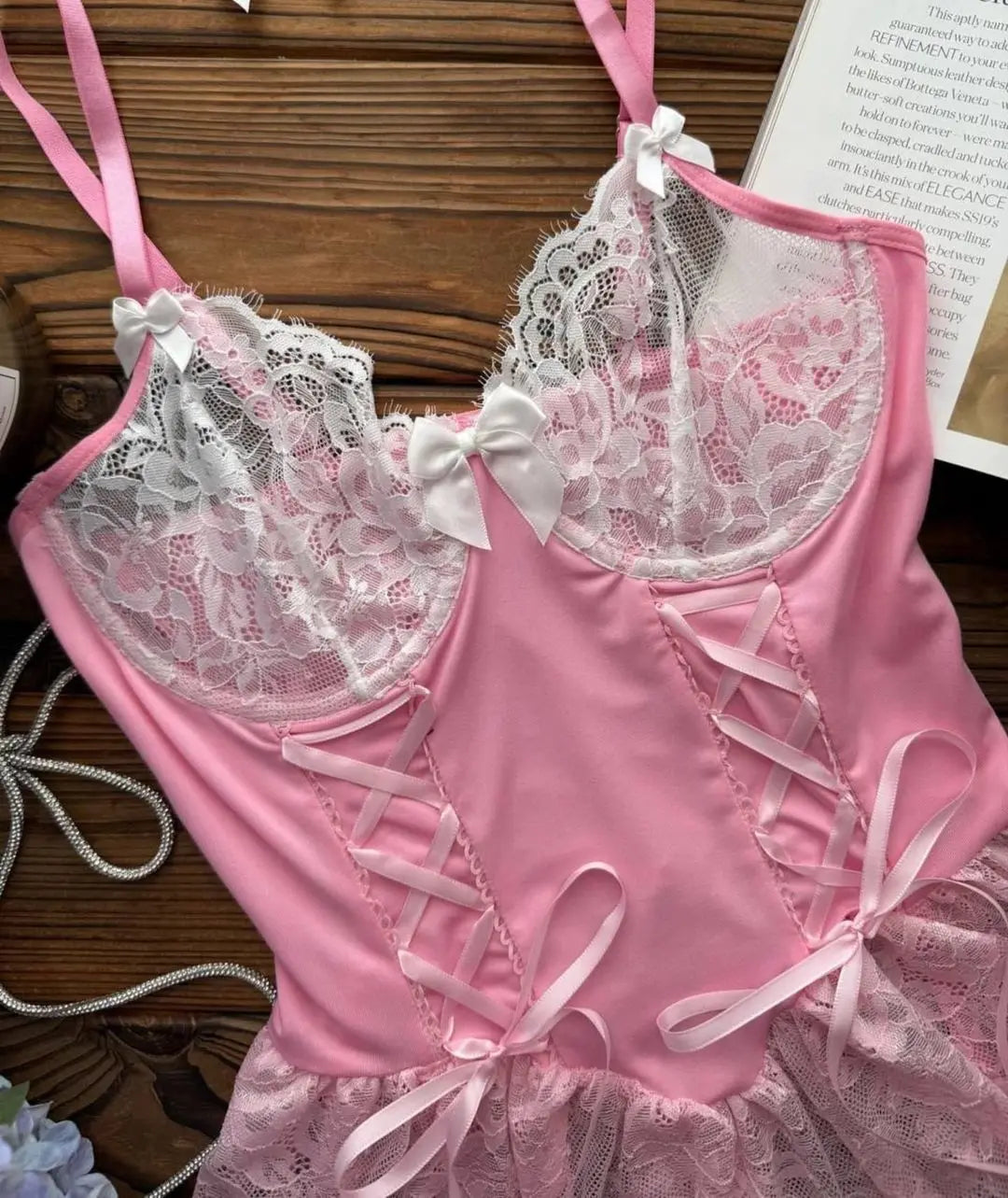 Ellolace Fancy Sexy Lingerie Girly Pink Corset Dress With Stocking g-String Tightening Matching 5-Piece Sissy Lace Onlyfans Kit