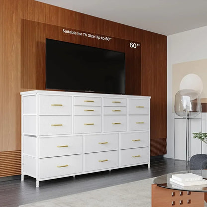 Dresser TV Stand with Power Outlet & USB White Dresser for Bedroom with 16 Drawers TV Stands for Living Room TV