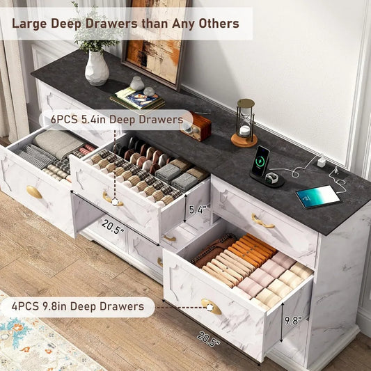 70inch Large Long Dresser w/Charging Station,10 Drawer Dresser w/Deep Big Drawers, Wooden Chest of Drawers w/Power Outlet