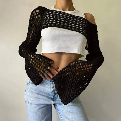 Summer Green Long Sleeve Smock Knitted Crop Top Women Y2k Beach Sexy Backless Hollow Out Party Blouse Shirts
