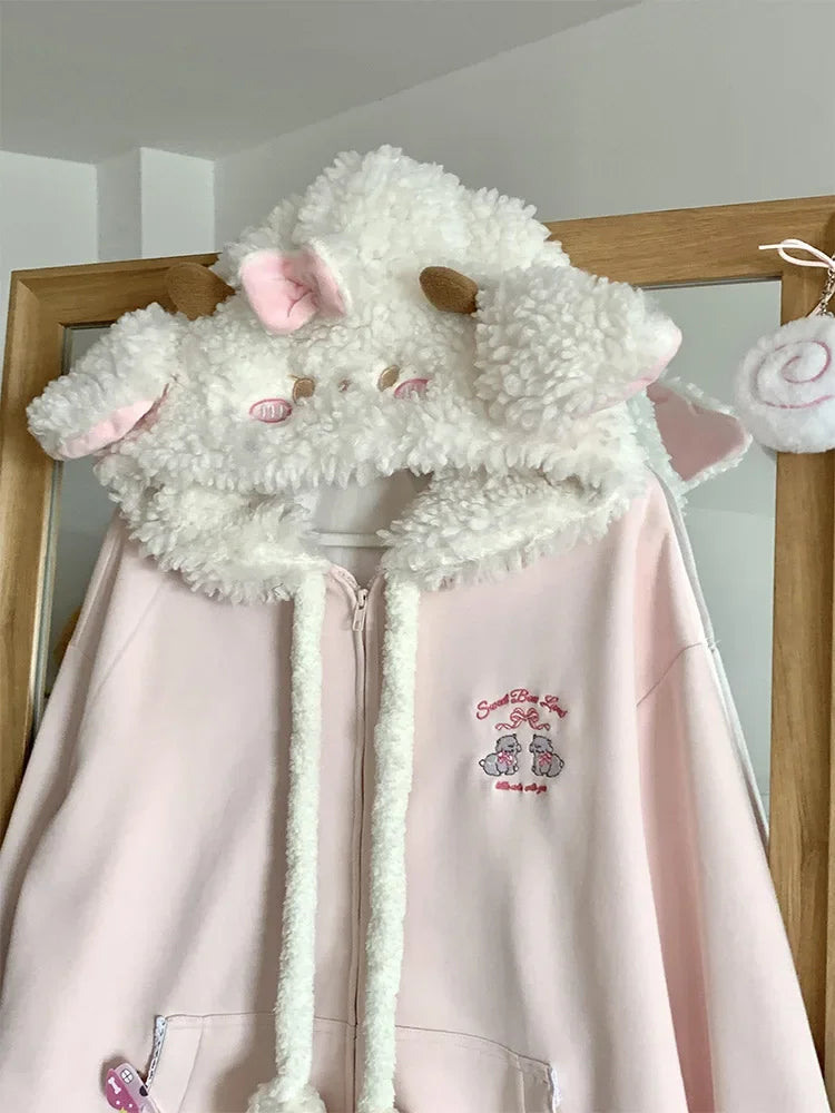 Vintage Kawaii Long Sleeve Loose Coat with Hooded Women Japanese Cute Zipper Sweatshirts Female Casual Y2k Jacket Overcoat Chic