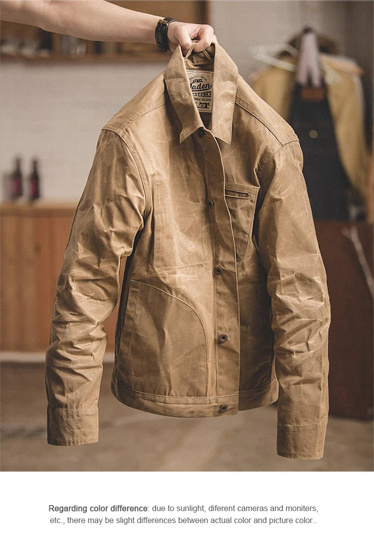 Maden Vintage Men's Canvas Oil Wax Jackets Khaki Multi-pocket Lapel Collar Single-breasted Jacket Windbreaker for Male Outwear