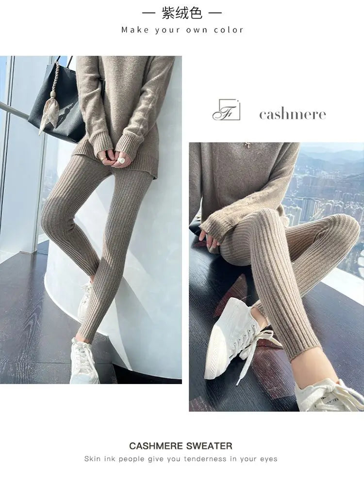 Slim Leggings Autumn Women High Waist Casual Trousers Knitted Ribbed Thicken Solid Elasticity Thermal  Ankle-Length Leggins