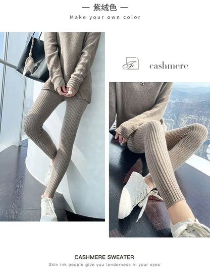Slim Leggings Autumn Women High Waist Casual Trousers Knitted Ribbed Thicken Solid Elasticity Thermal  Ankle-Length Leggins
