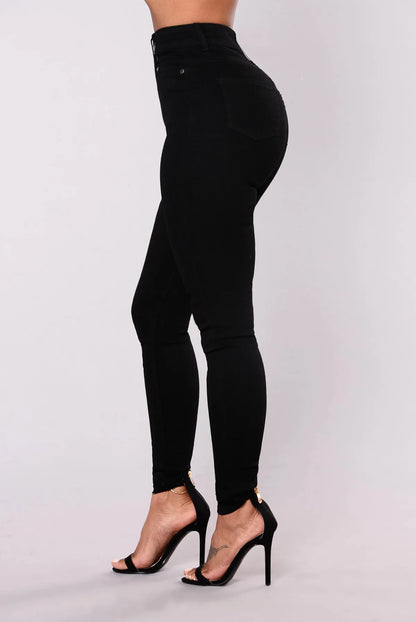 Women High Waist Stretch Hip Lift Denim Skinny Pants Jeans Full Length Sexy Slim Bleachded Solid Color Pants