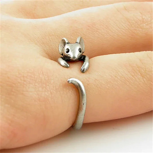 Huitan Cute Mouse Shape Open Ring for Women Antique Silver Color Modern Fashion Girls Finger Accessories Hip Hop Party Jewelry