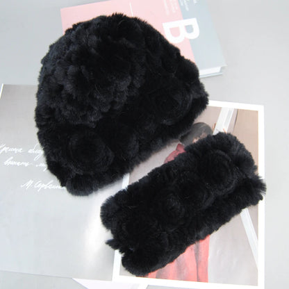 New Fashion Real Fur Hats Scarves Sets Women Winter Knitted Real Rex Rabbit Fur Hat Scarf Ladies Natural Fur Hats Mufflers Sets