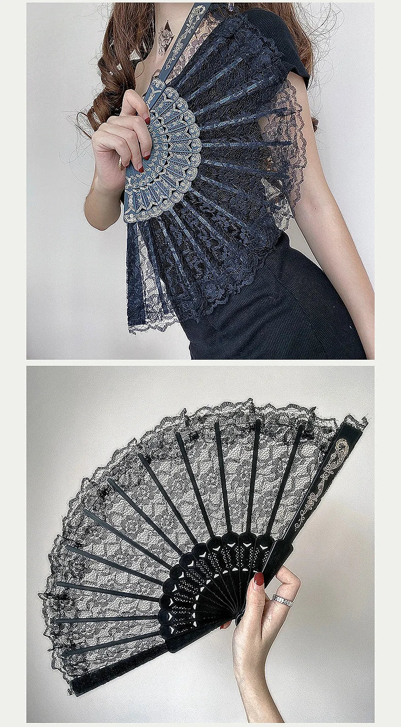 Retro Sexy Lace Fan Summer Dance Performance Photography Photo Props Portable Folding Hand Fan Decorative Fan Chinese Dance Fan