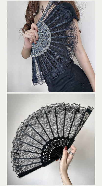 Retro Sexy Lace Fan Summer Dance Performance Photography Photo Props Portable Folding Hand Fan Decorative Fan Chinese Dance Fan