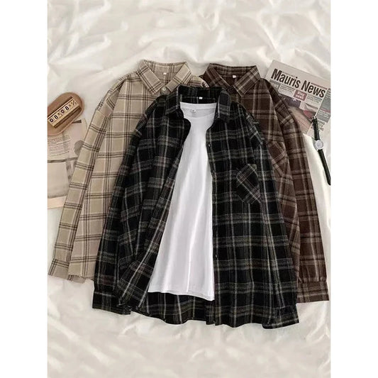 MEXZT Vintage Oversized Plaid Shirts Women Streetwear Long Sleeve Blouses Harajuku Korean Pocket Loose Casual All Match Tops New