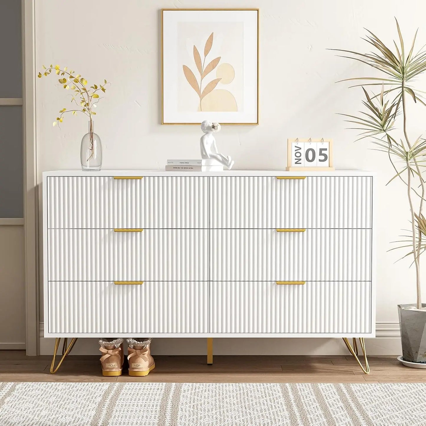 White dresser for bedroom, 6-drawer wooden dresser with gold handles, modern dresser and locker drawer chest