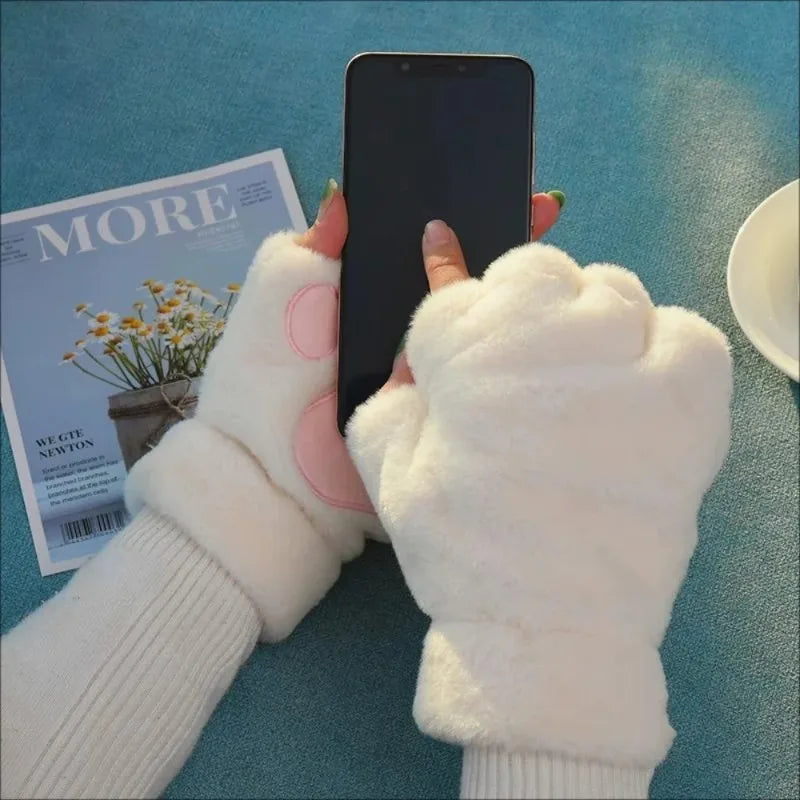 Lovely Plush Cat Claw Paw Gloves Plush Mittens Warm Soft Plush Short Fingerless Fluffy Bear Gloves Costume Half Finger Gloves
