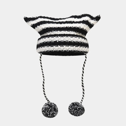 New Japanese Streetwear Harajuku Beanie Little Devil Striped Knitted Hat Women Girls Autumn Winter Cute Cat Ears Cap
