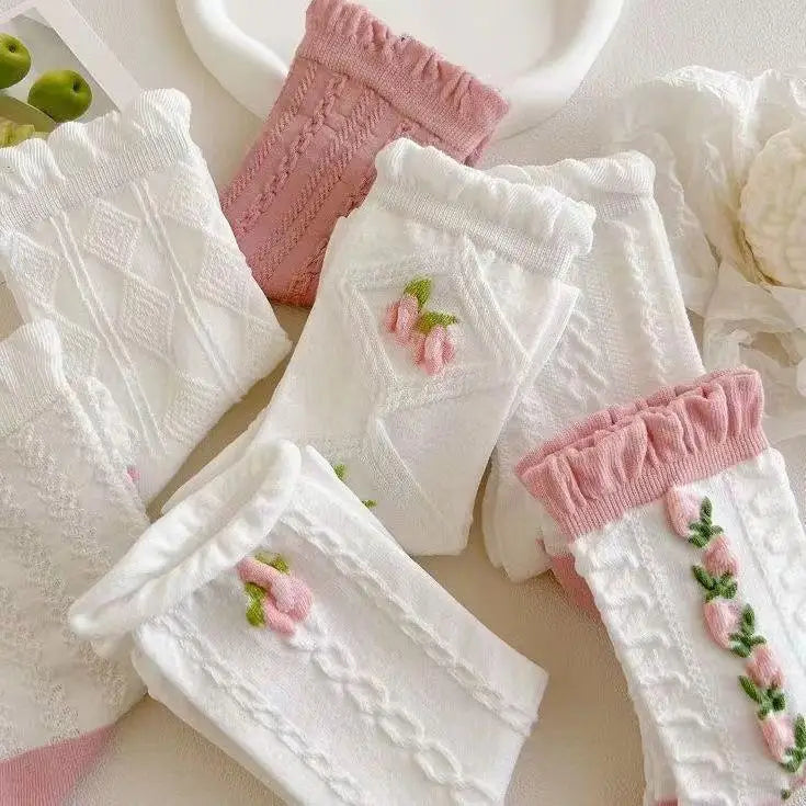 5 Pairs Lolita Japanese Woman Cute White Short Socks Set Girl Spring Summer Sweet Ruffle Lovely Cotton Socks For Women