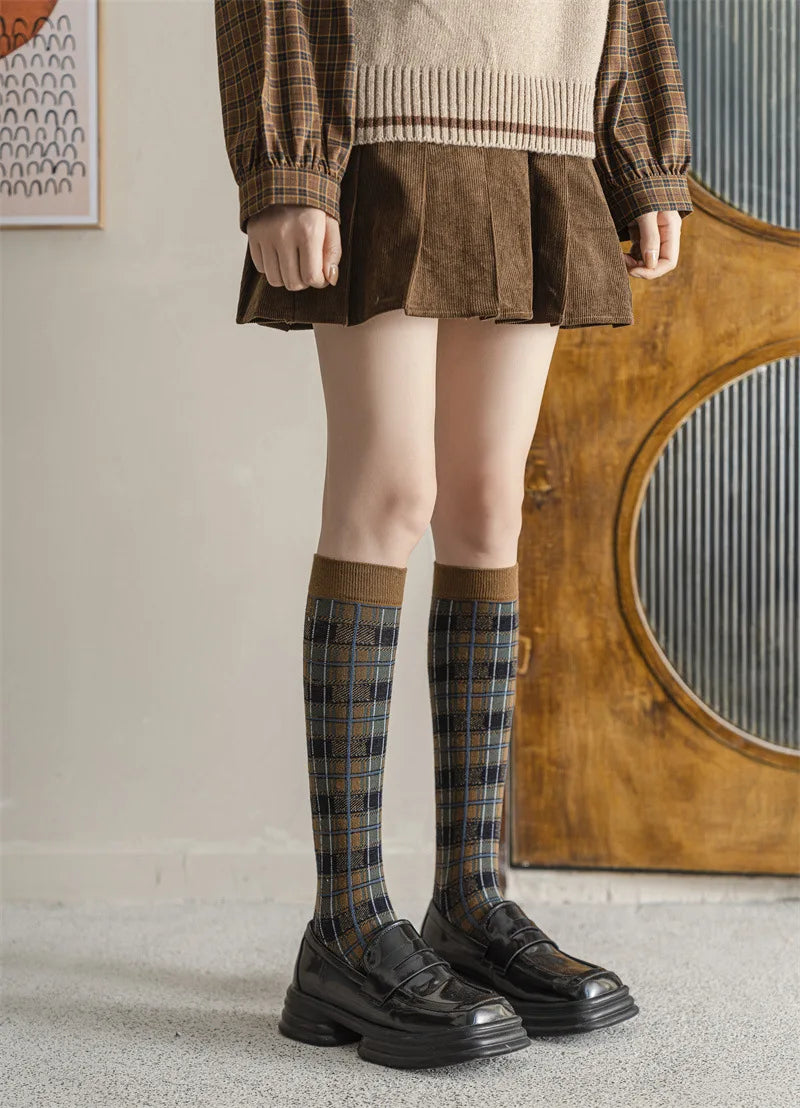 Stockings Women Harajuku Retro Vintage Plaid Long Socks Stocking JK College Style School Girls Cotton Knee Socks Women Stockings