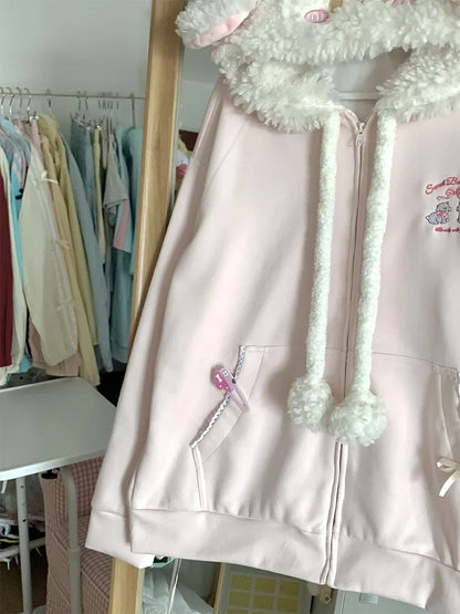 Vintage Kawaii Long Sleeve Loose Coat with Hooded Women Japanese Cute Zipper Sweatshirts Female Casual Y2k Jacket Overcoat Chic