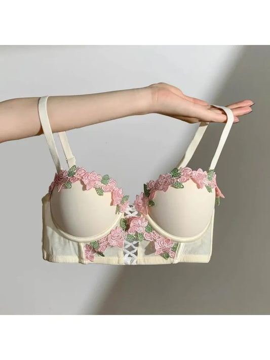 MOYISU New Vintage Embroidery Cream Sweet Flowers Pastoral Field Sexy Underwear for Women Small Breasts Pure Desire Gathered Up