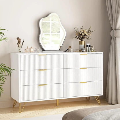 White dresser for bedroom, 6-drawer wooden dresser with gold handles, modern dresser and locker drawer chest