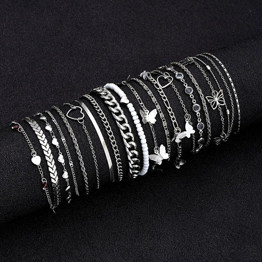 20 Pcs/Set Fashion Metal Butterfly Heart Pendant Anklets Set Bohemia Vintage Pearl Foot Bracelet Beach Woman Jewelry Gifts 2024