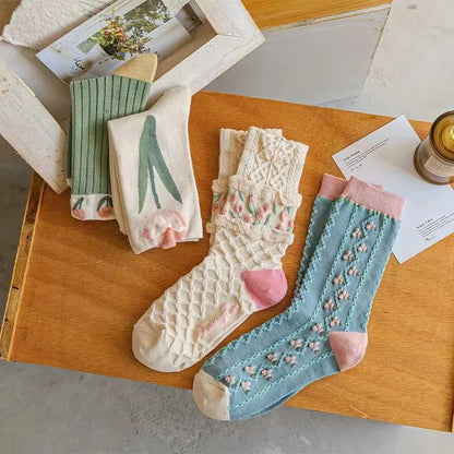Women Socks Flower Rabbit Pattern Cute Kawaii Japanese Korean Style Cotton Harajuku Funny Breathable Casual Spring Floral Socks