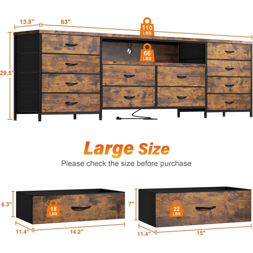 75 Inch TV 63" W Dresser TV Stand for Bedroom with LED Lights & Power Outlets & 12 Drawers Dresser