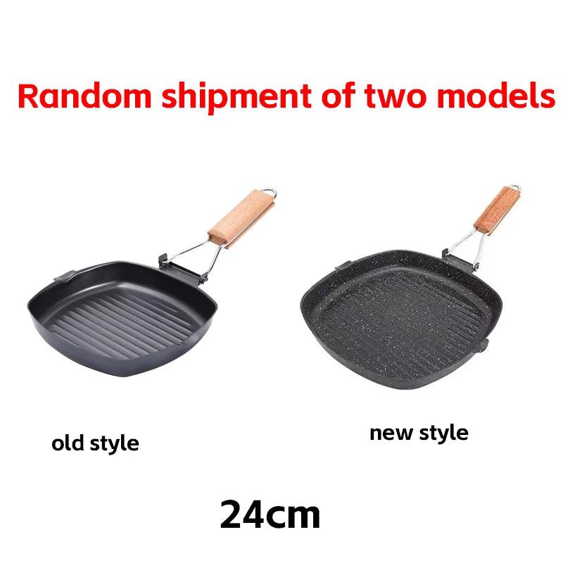 Foldable Portable Frying Pan Picnic Grill Pan Anti-scald Wooden Handle Outdoor Grill Pan Double Mouth Steak Pan(No Lid)