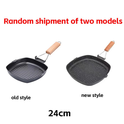 Foldable Portable Frying Pan Picnic Grill Pan Anti-scald Wooden Handle Outdoor Grill Pan Double Mouth Steak Pan(No Lid)