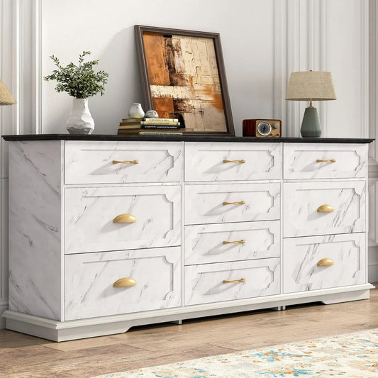 70inch Large Long Dresser w/Charging Station,10 Drawer Dresser w/Deep Big Drawers, Wooden Chest of Drawers w/Power Outlet