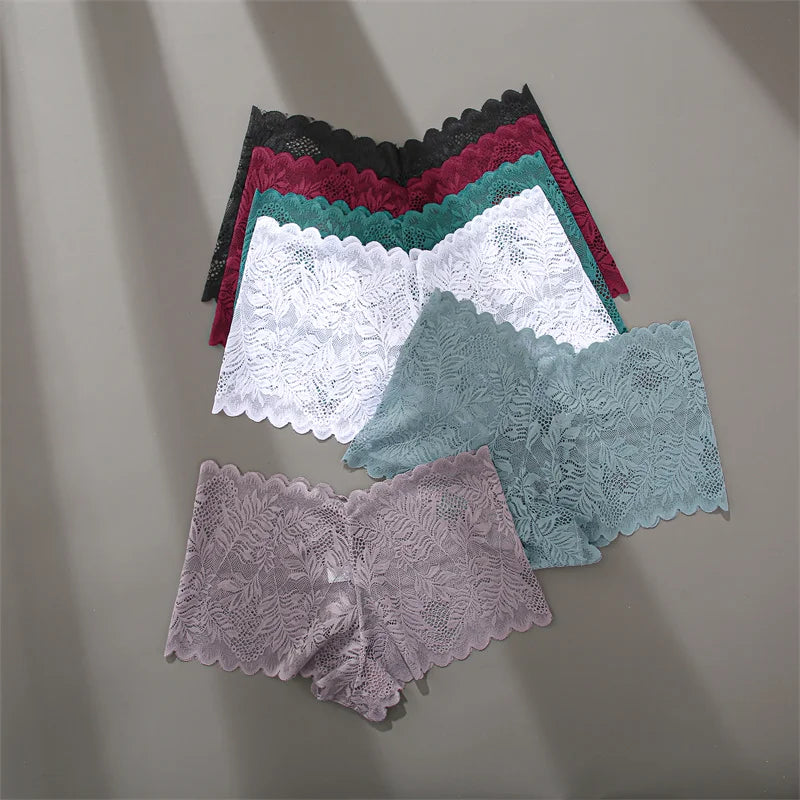 FINETOO 4pcs Lace Floral Boyshorts Underwear for Women Sexy Hollow Out Solid Panties Female Low-Waist Breathable Girls Lingerie