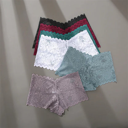 FINETOO 4pcs Lace Floral Boyshorts Underwear for Women Sexy Hollow Out Solid Panties Female Low-Waist Breathable Girls Lingerie