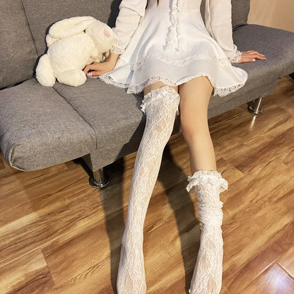 Women Sexy Lace Top Floral Rattan Fishnet Stockings Long Tube Mesh Over Knee Body Stockings Thigh High Hosiery Goth Long Socks