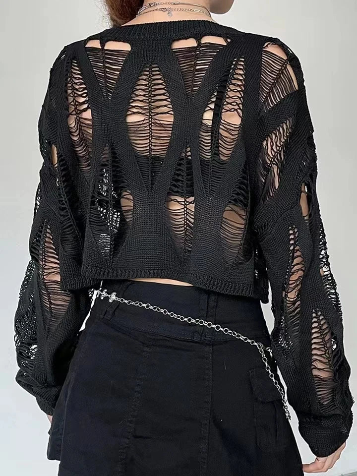 Perforated Hollow Out Knitted Blouse Sunscreen Long Sleeve Top Gothic Dark Black Sexy Thin Sweater Women's Summer Chic Crop Tops