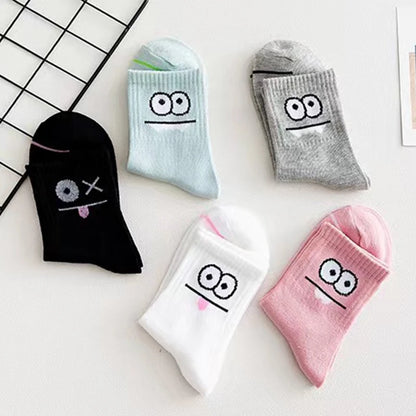 5 Pairs Cute Expression Print Socks, Comfy & Funny All-match Mid Tube Socks, Women's Stockings & Hosiery