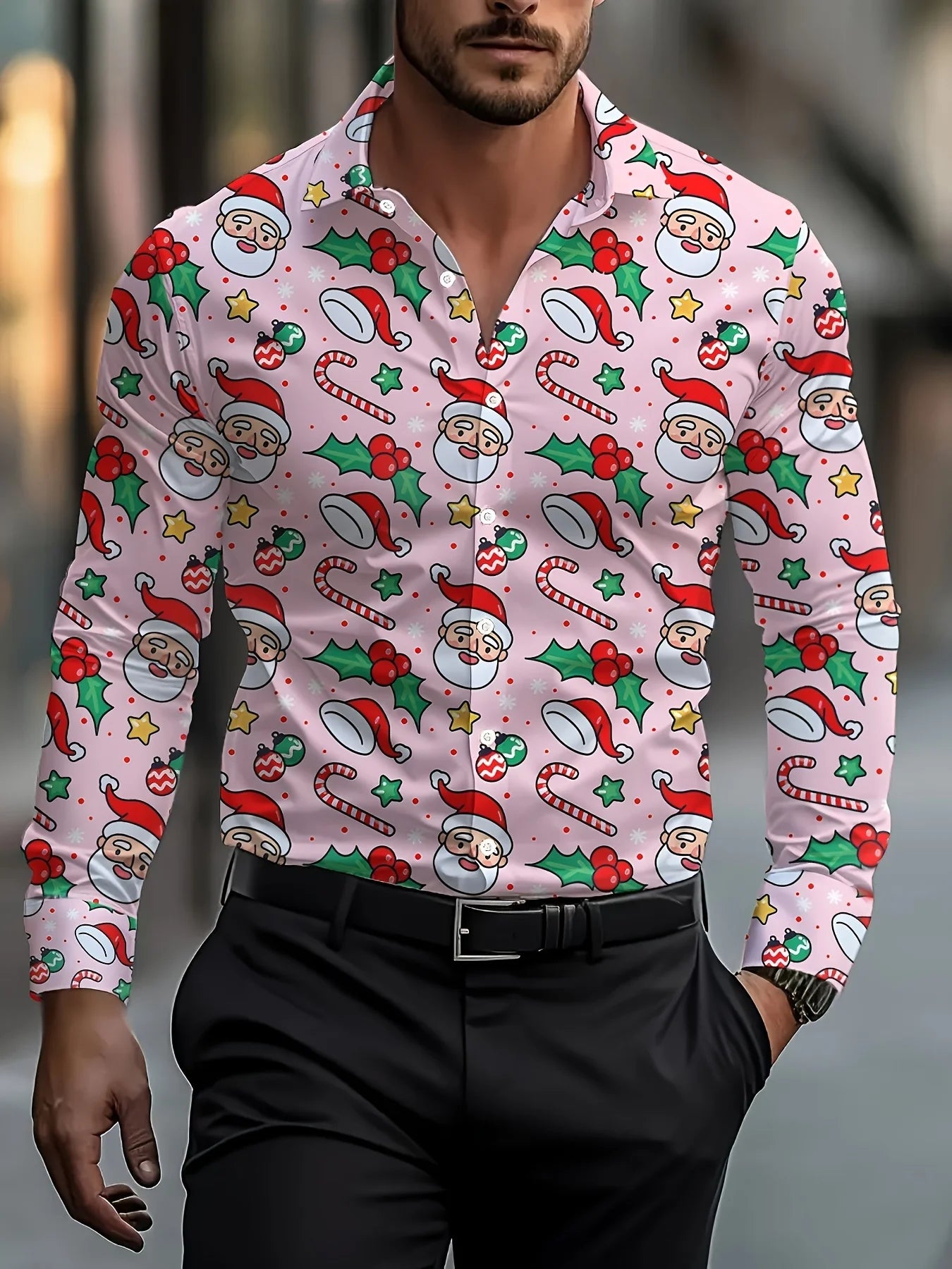 Christmas Festival Theme Men's 3D Printed Formal Shirts Christmas Tree Santa Claus Graphic Long Sleeve Shirt Fashion Men's Shirt