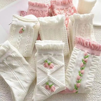 5 Pairs Lolita Japanese Woman Cute White Short Socks Set Girl Spring Summer Sweet Ruffle Lovely Cotton Socks For Women