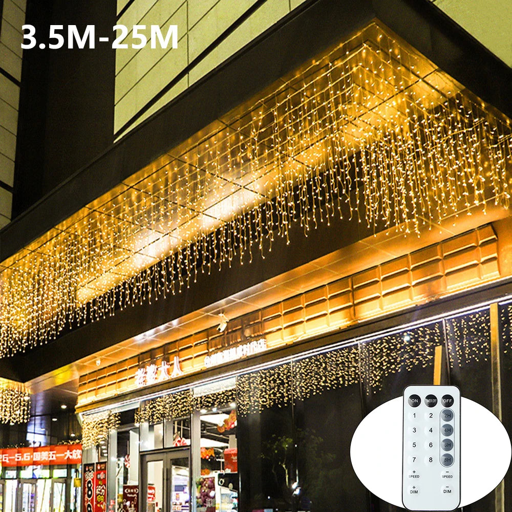 3.5-40M LED Icicle String Lights Christmas Curtain Fairy Lights Garland Remote Outdoor For New Year Wedding Street Holiday Decor