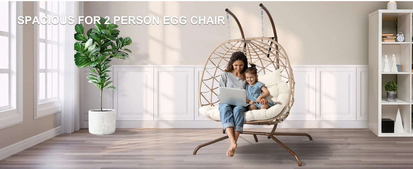 Outdoor Egg Swing Chair with Stand, 2 Person Patio Swing Chairs with Thick Cushions and Pillows, Wicker Double Egg Chair Swing