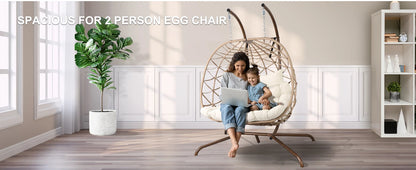 Outdoor Egg Swing Chair with Stand, 2 Person Patio Swing Chairs with Thick Cushions and Pillows, Wicker Double Egg Chair Swing