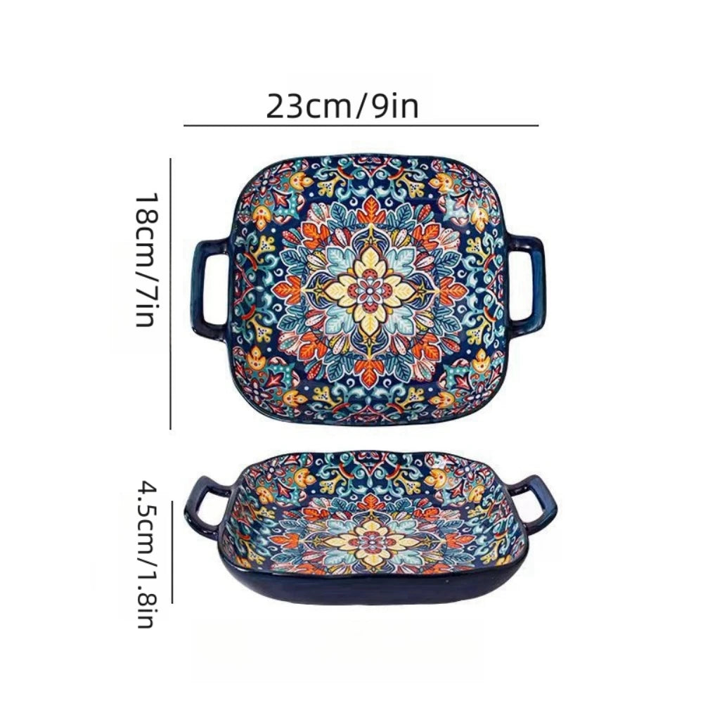 1 piece of 9-inch Bohemian style salad plate with double ear ceramic pasta dish, can be used for oven, microwave