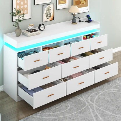 10 Drawer Dresser with LED Light and Charging Station, Modern Chest of Drawers for Closet, Wide Drawer Organizer Cabinet , White