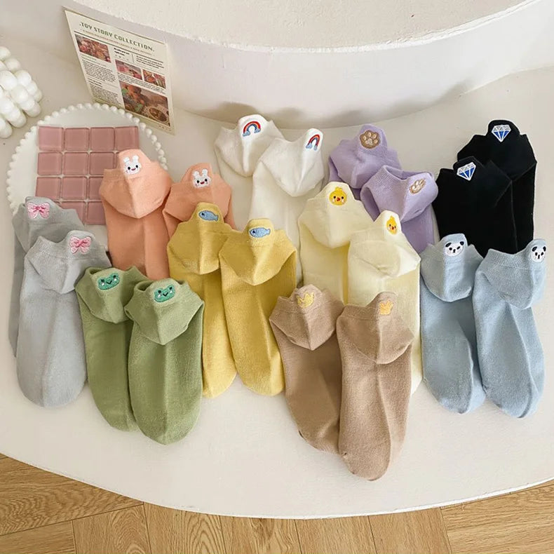 5 Pair Cute Embroidery Animal Women Socks Spring Summer Short Shallow Mouth Fashion Rainbow Female Low Cube Socks Set