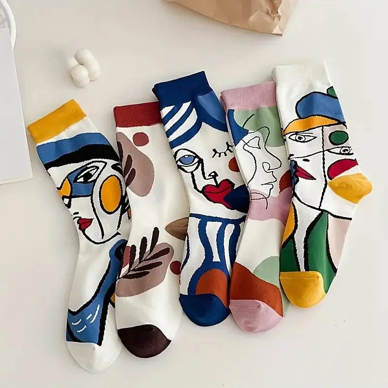 5 Pairs Elegant Cartoon Graffiti Women Tube Socks Fashionable Oil Painting Art Printing Soft Comfortable Breathable Casual Socks