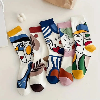 5 Pairs Elegant Cartoon Graffiti Women Tube Socks Fashionable Oil Painting Art Printing Soft Comfortable Breathable Casual Socks