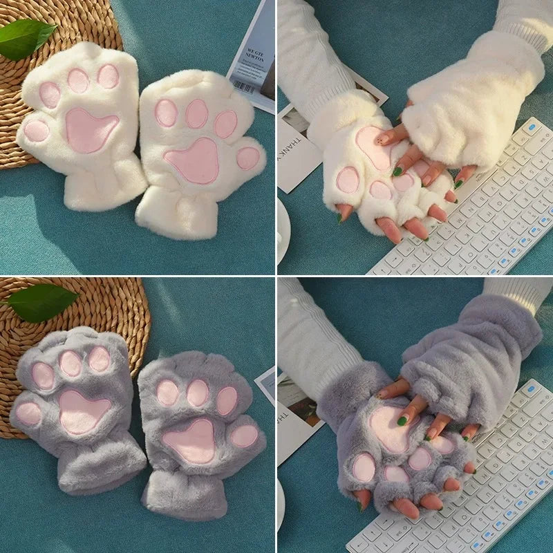 Lovely Plush Cat Claw Paw Gloves Plush Mittens Warm Soft Plush Short Fingerless Fluffy Bear Gloves Costume Half Finger Gloves