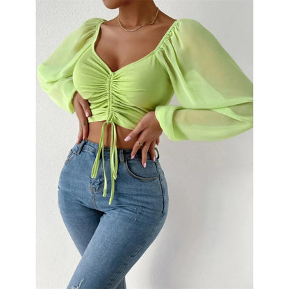 S-3XL Mesh Lantern Sleeves Drawstring Wrap Chest Bare Midriff T-Shirt Women Long Sleeve Ruched Blouse Sexy Crop Top Tee K5995