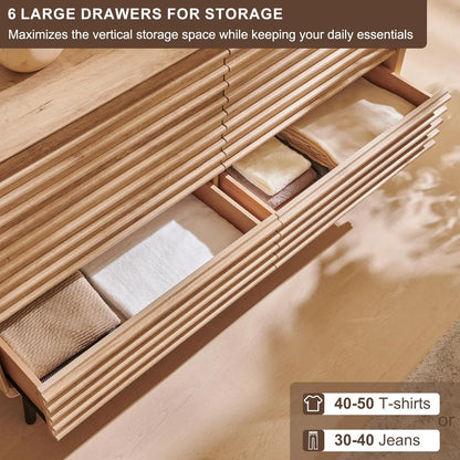 6 Drawers Dresser for Bedroom, 54'' Wide Mid Century Modern Wood Fluted Double Dresser, Chest of Drawers with Tapered Leg