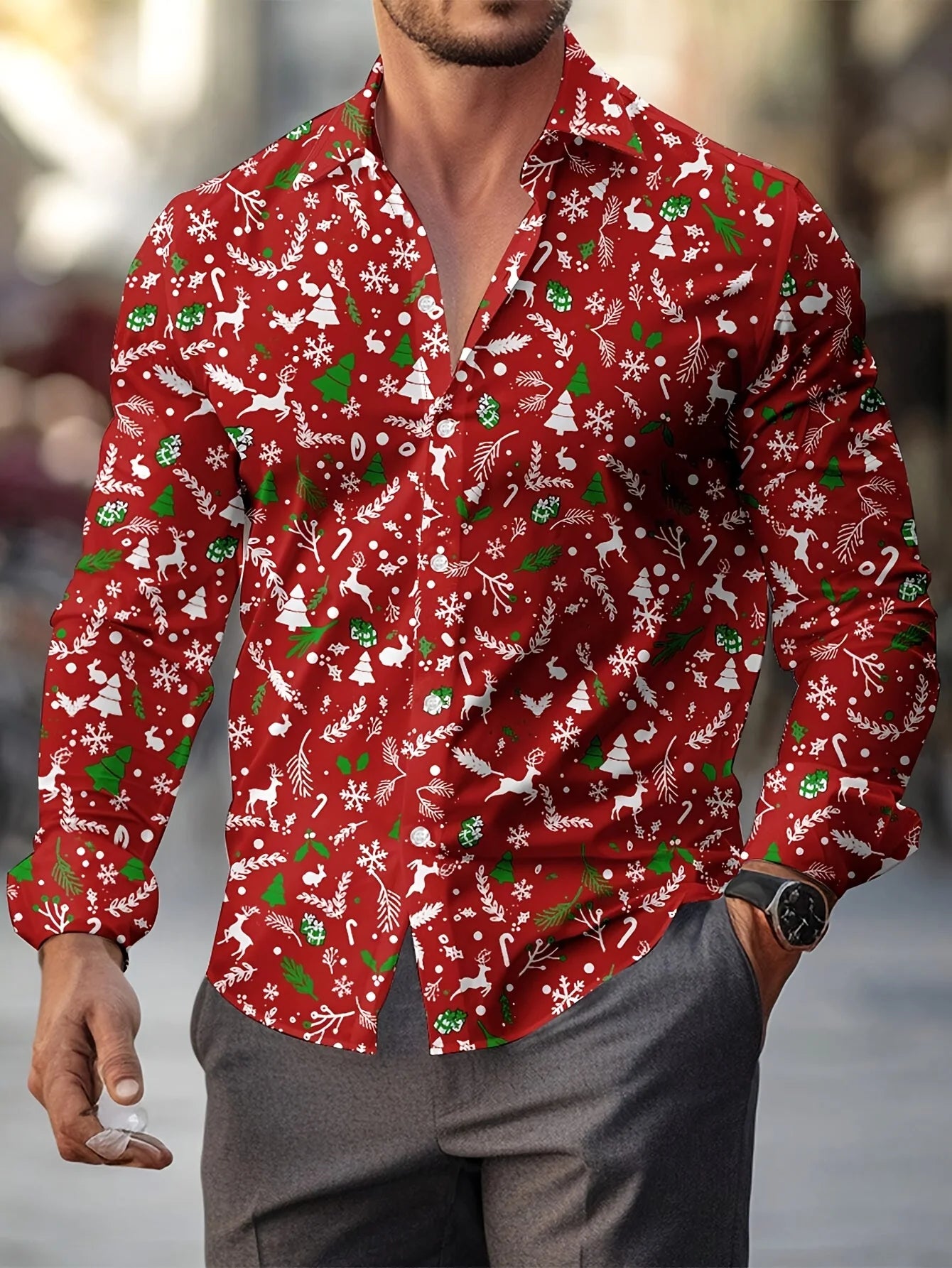 Christmas Festival Theme Men's 3D Printed Formal Shirts Christmas Tree Santa Claus Graphic Long Sleeve Shirt Fashion Men's Shirt