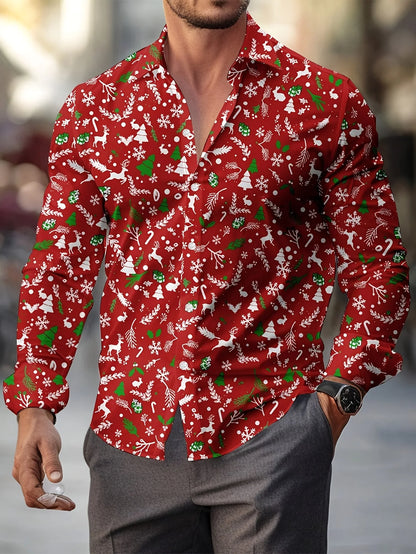 Christmas Festival Theme Men's 3D Printed Formal Shirts Christmas Tree Santa Claus Graphic Long Sleeve Shirt Fashion Men's Shirt