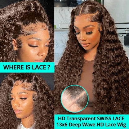 200% Chocolate Brown Deep Wave Human Hair Wig 30 34Inch Transparent Lace Frontal Wigs For Women 13x6 Lace Front Water Curly Wigs