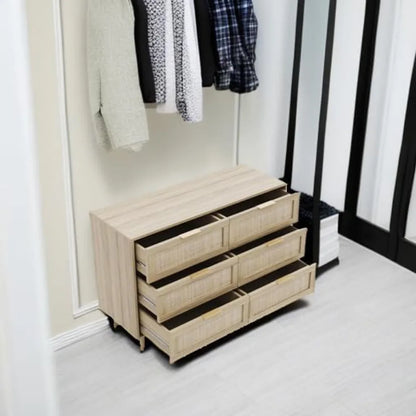 Rattan Dresser for Bedroom, 6 Drawer Wide Dresser, Boho&Farmhouse Chest of Drawers, 43" Clothes Storage Cabinet, Metal Handle
